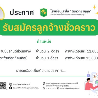 ประกาศรับสมัครลูกจ้างชั่วคราว ตำแหน่ง พนักงานขับรถส่วนกลาง และครูอัตราจ้างวิชาทัศนศิลป์