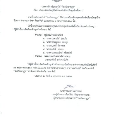 ประกาศรายชื่อผู้มีสิทธิ์สอบคัดเลือกลูกจ้างชั่วคราว ตำแหน่ง พนักงานขับรถส่วนกลาง และครูอัตราจ้างวิชาทัศนศิลป์